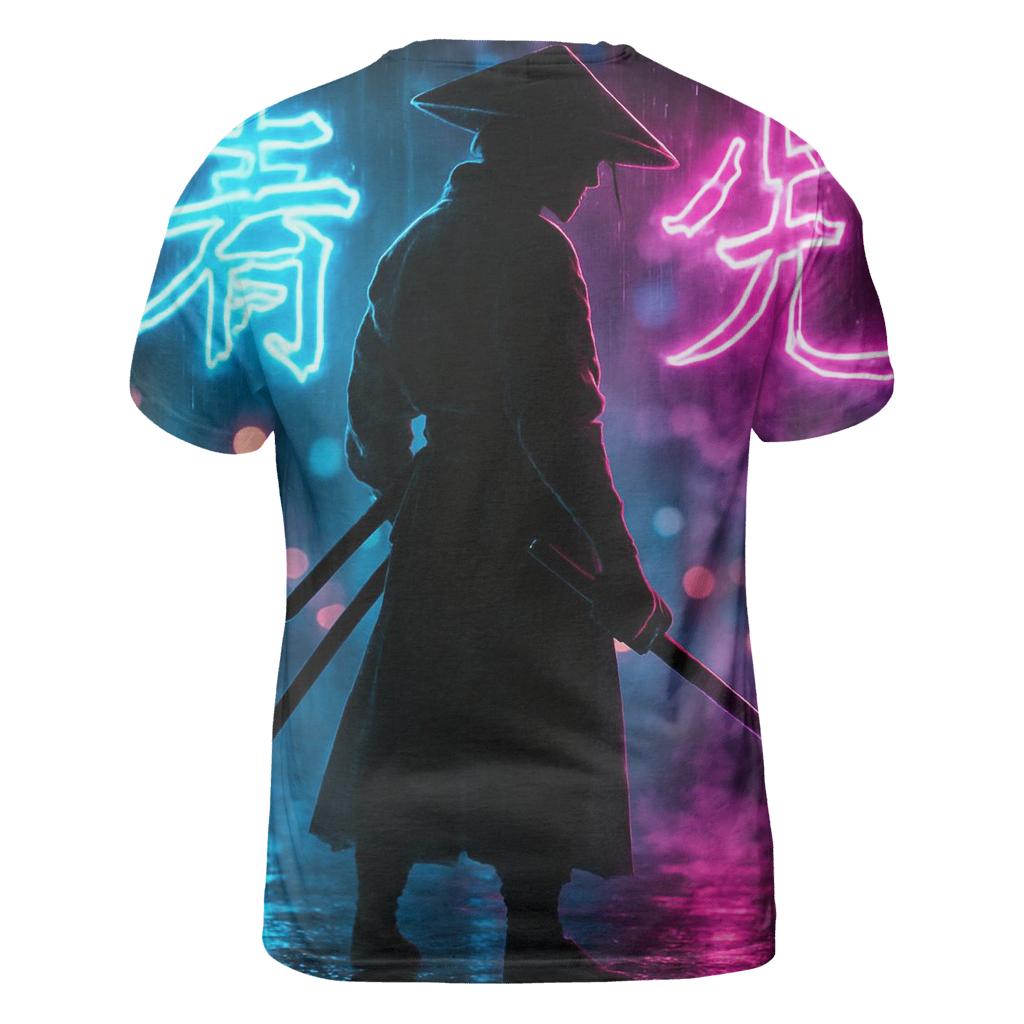 Neon Cyberpunk Samurai vibrant all-over design tees