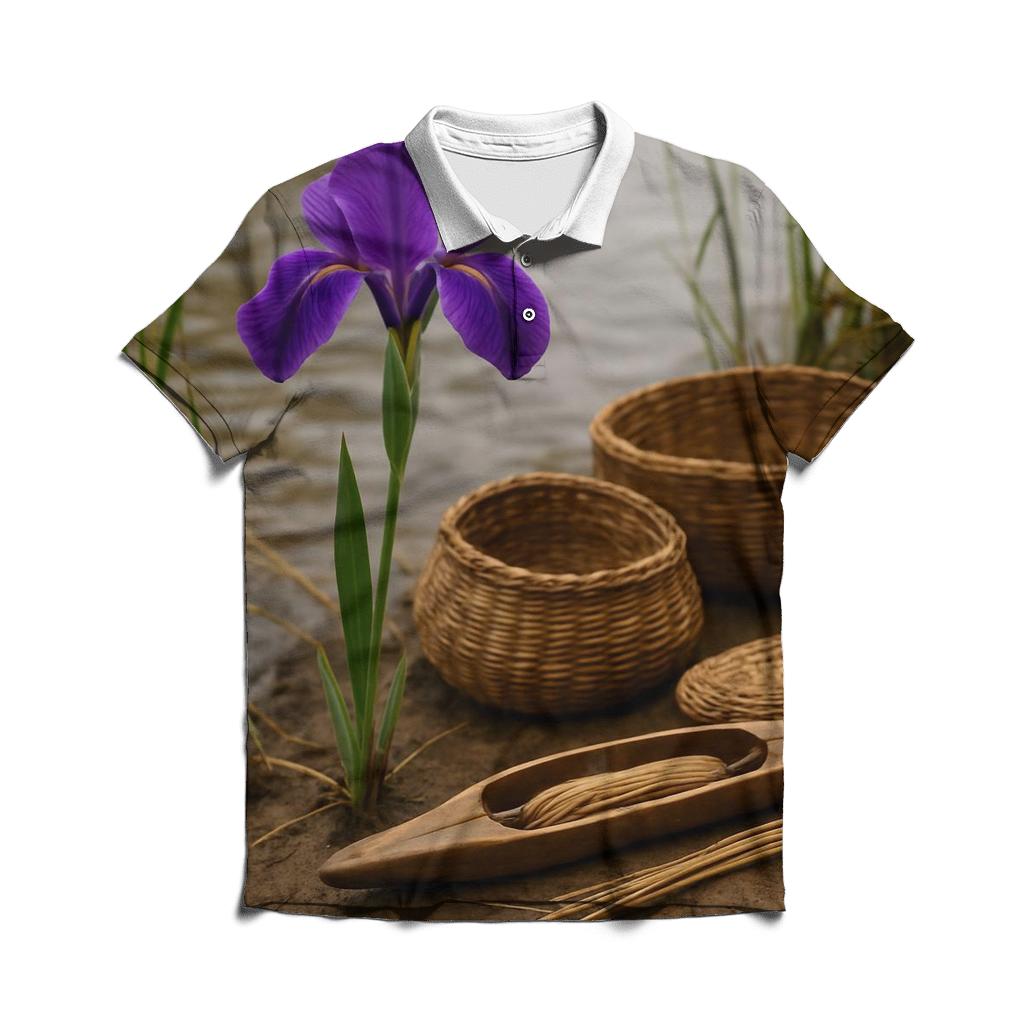 Riverbank Iris With Traditional Weaving Tools branded logo polo shirts