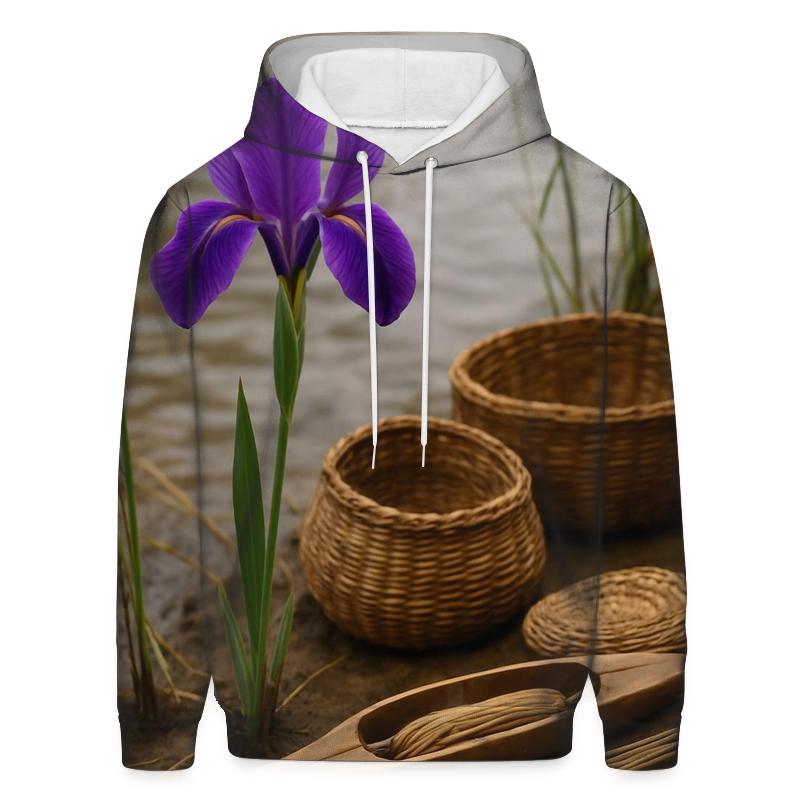 Riverbank Iris With Traditional Weaving Tools printed hoodies