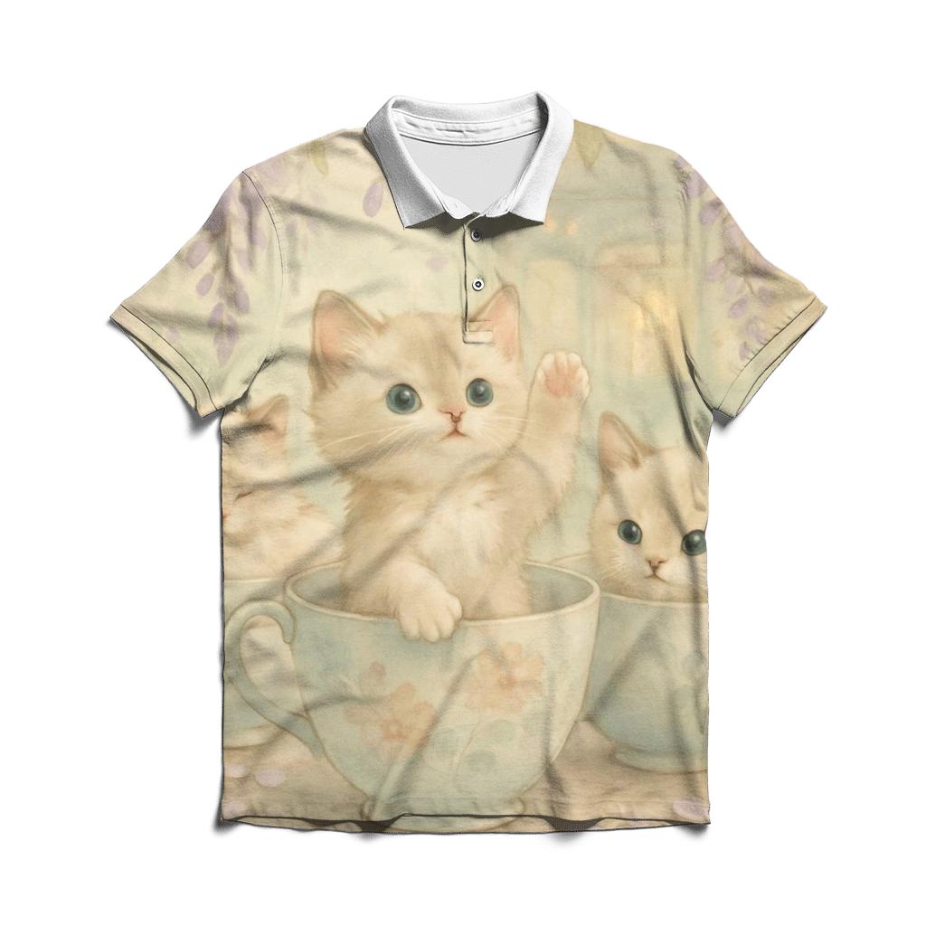 Botanical Tea House Kittens stylish collar polo tees