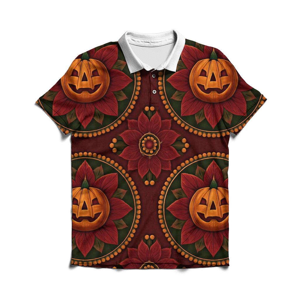 Concentric Pumpkin Medallion On Burgundy Background branded logo polo shirts