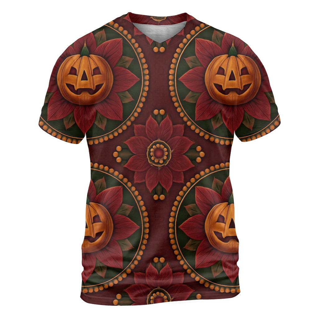 Concentric Pumpkin Medallion On Burgundy Background custom all-over print shirts