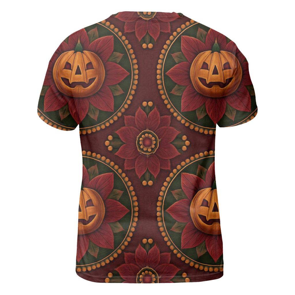 Concentric Pumpkin Medallion On Burgundy Background custom all-over print shirts