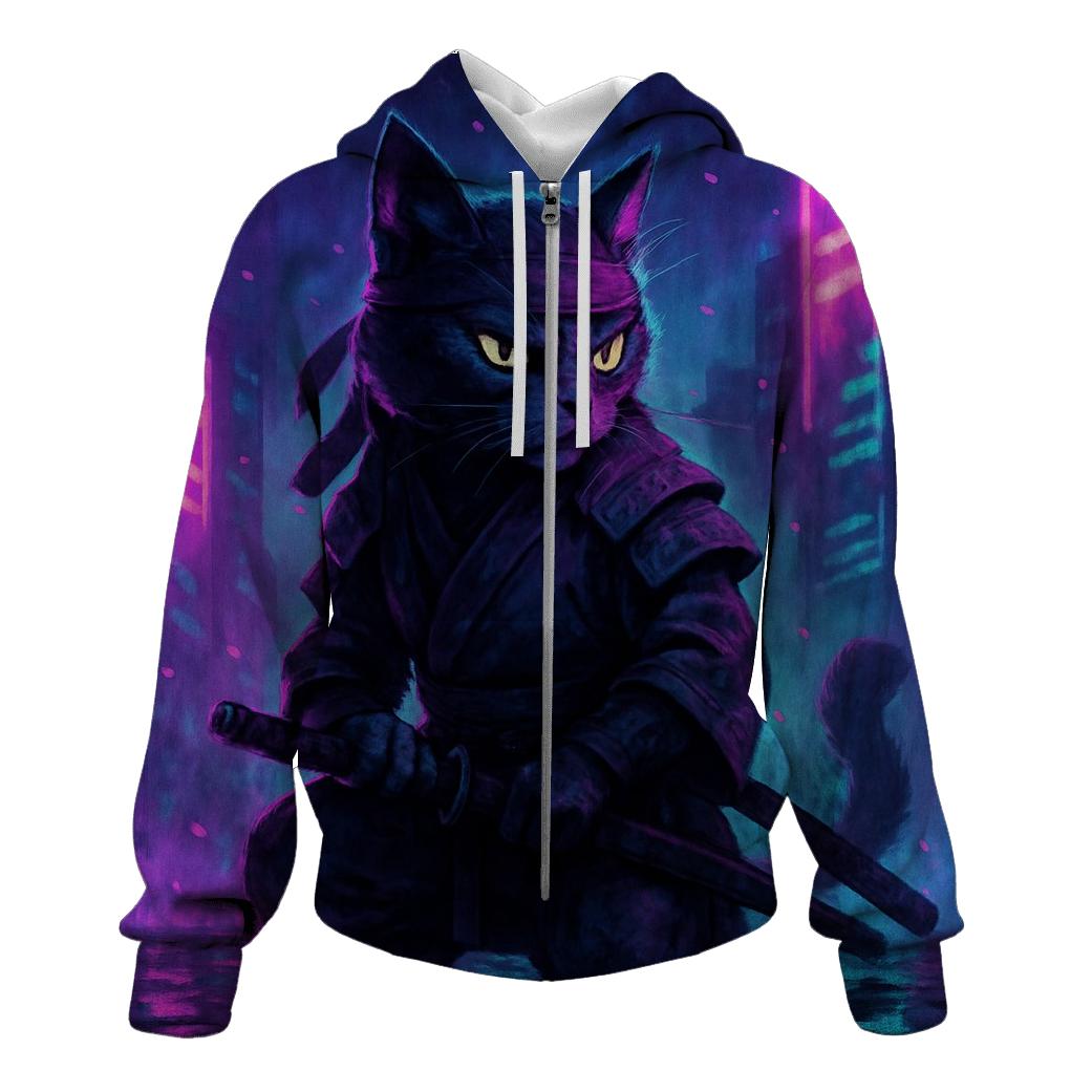 Midnight Samurai Cat embroidered hoodies