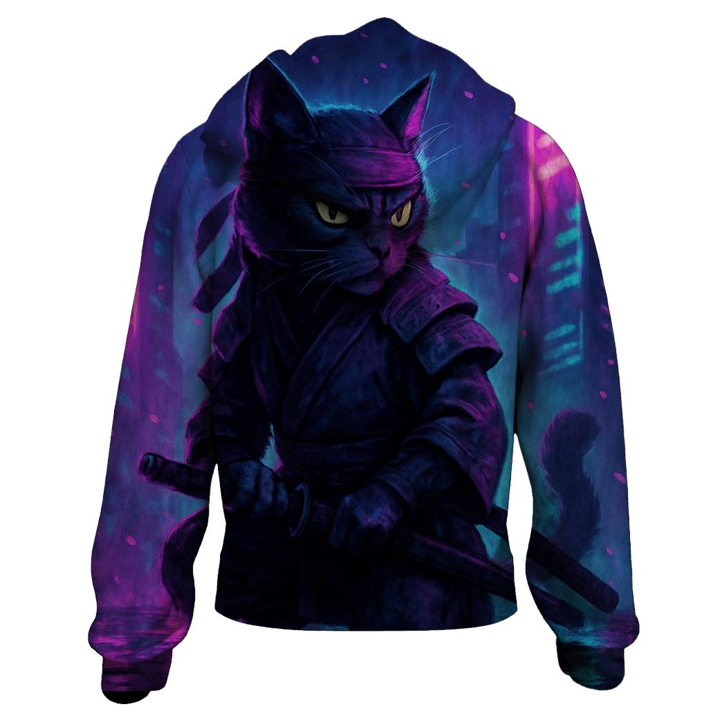 Midnight Samurai Cat embroidered hoodies