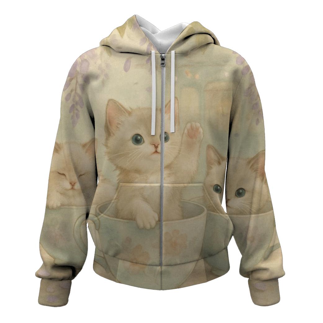 Botanical Tea House Kittens printed hoodies