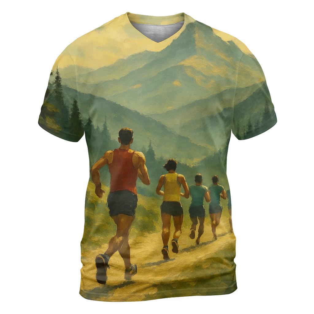 Mountain Trail Marathon vibrant all-over design tees