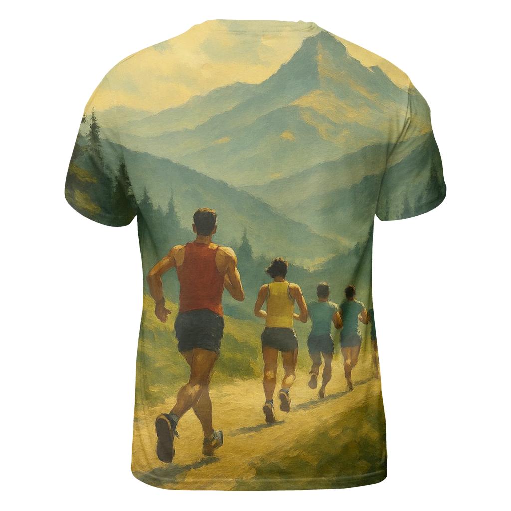 Mountain Trail Marathon vibrant all-over design tees