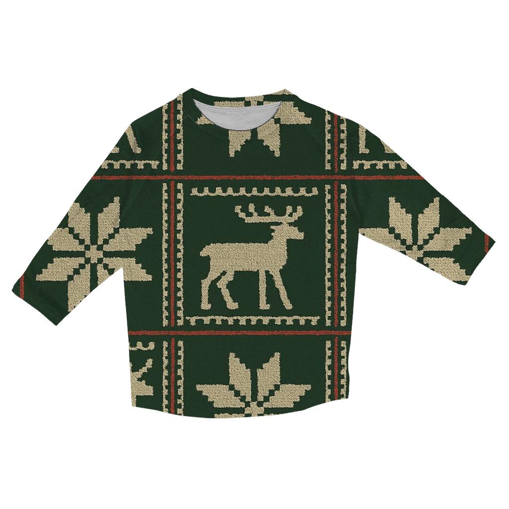 Nordic Reindeer Grid On Forest Green Background designer 3/4 sleeve blouses