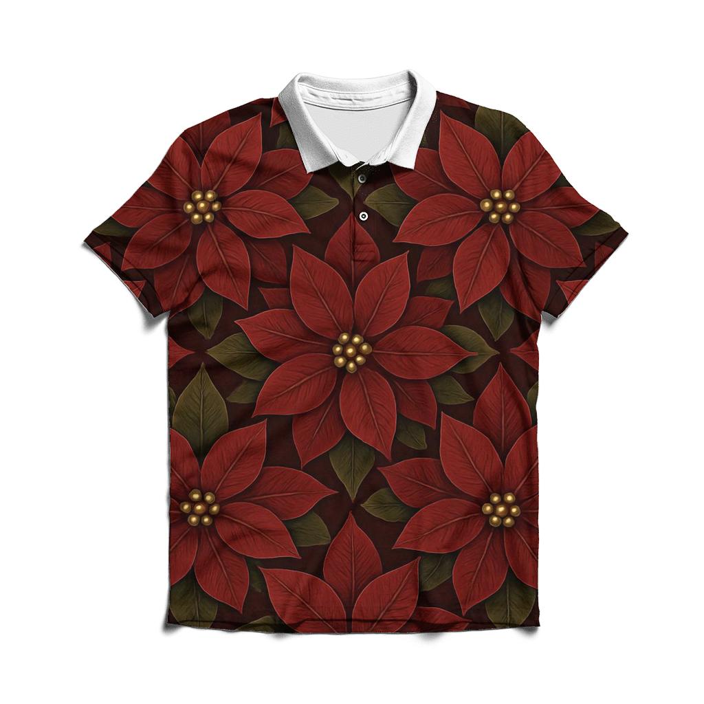Poinsettia Tile On Deep Burgundy Background designer slim fit polos