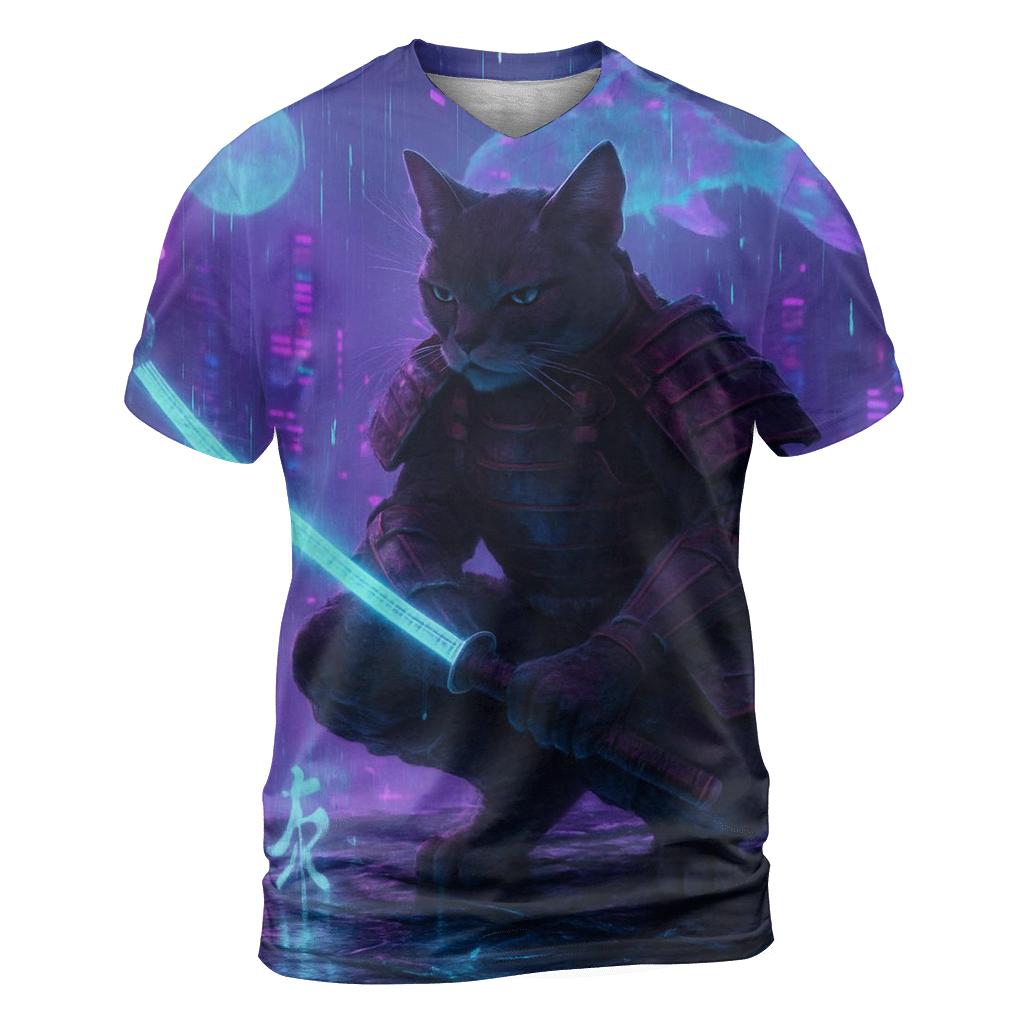 Neon Samurai Cat unique graphic print tees
