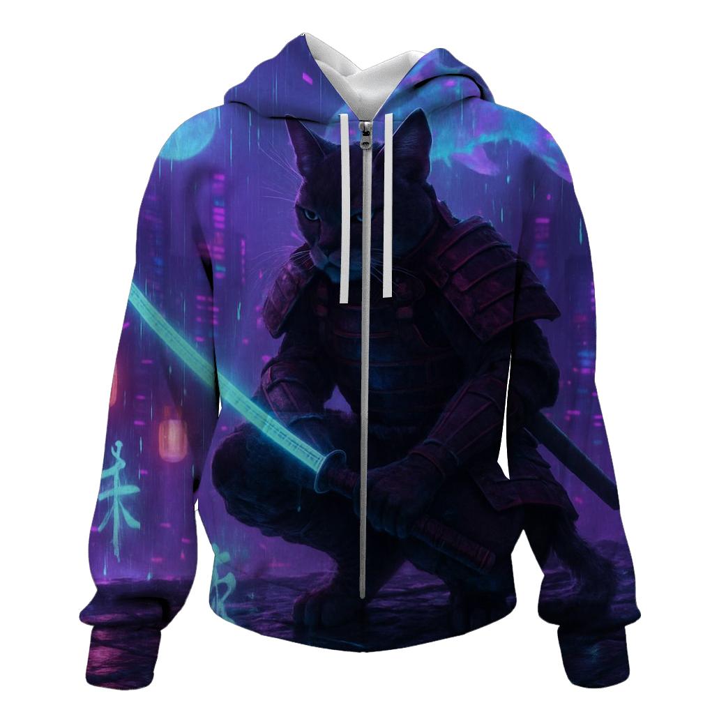 Neon Samurai Cat designer hoodies