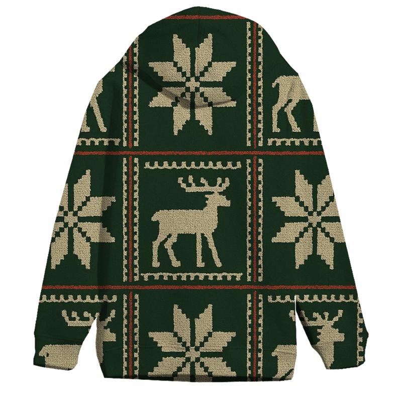 Nordic Reindeer Grid On Forest Green Background zip-up hoodies