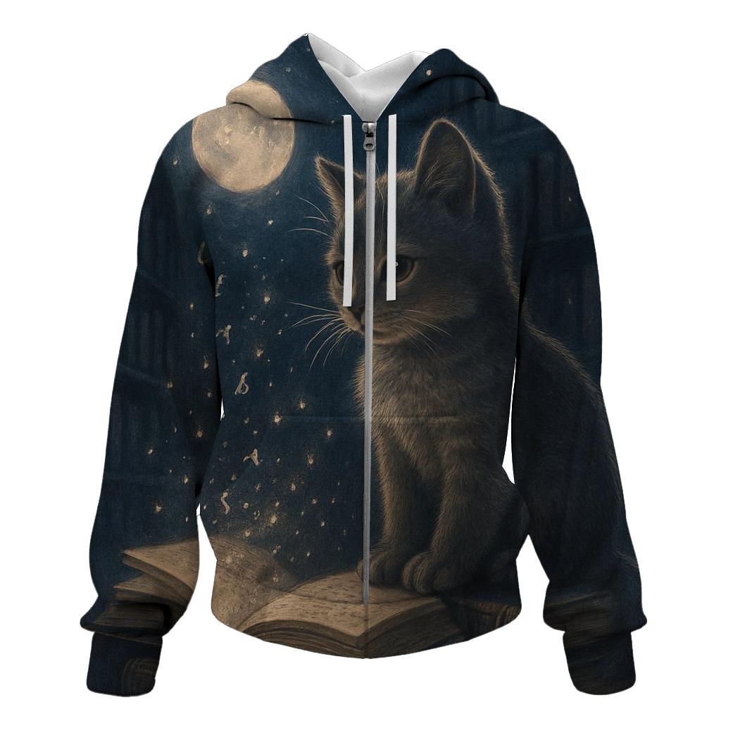 Moonlit Library Cat zip-up hoodies