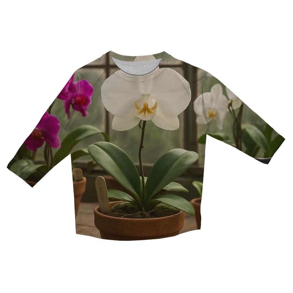 Botanical Greenhouse Orchid Table printed three quarter sleeve shirts