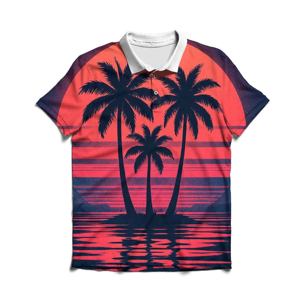 Retro Wave Sunset Palms designer slim fit polos