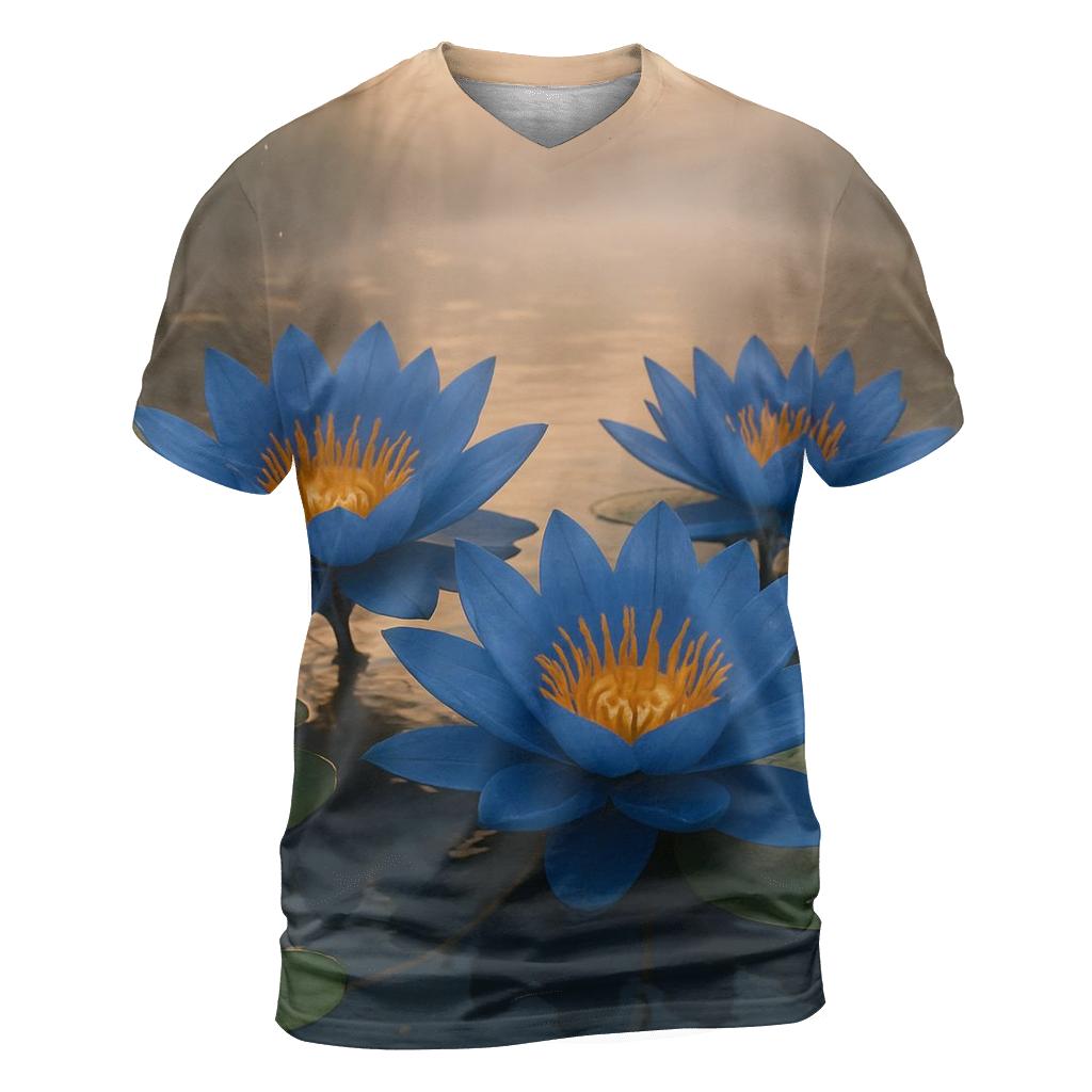 Riverbank Blue Waterlilies At Dawn trendy printed shirt styles