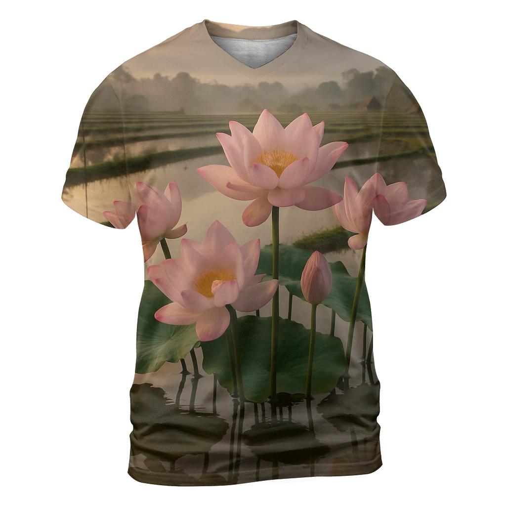 Rice Terrace Lotus Reflection trendy printed shirt styles
