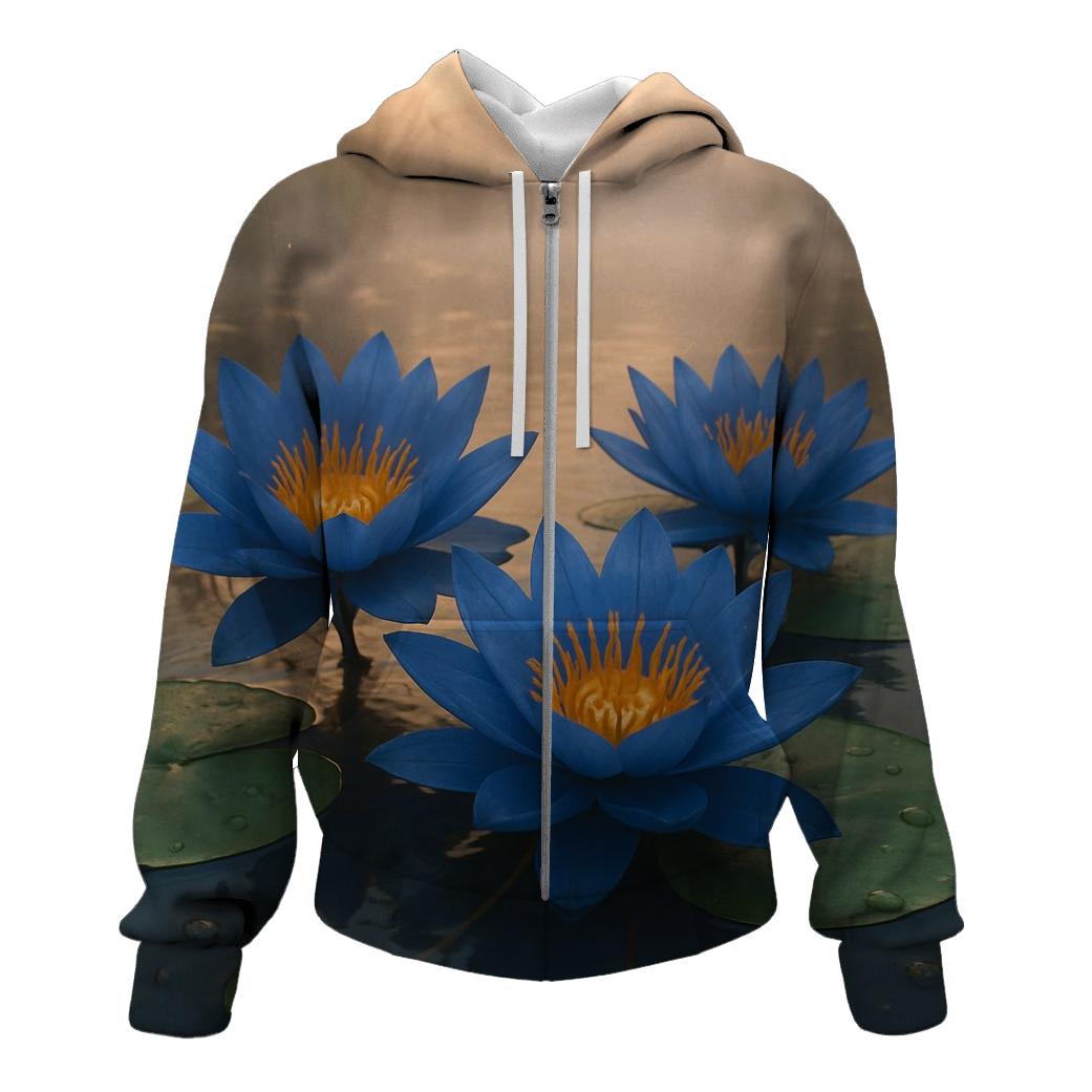 Riverbank Blue Waterlilies At Dawn hoodie designs