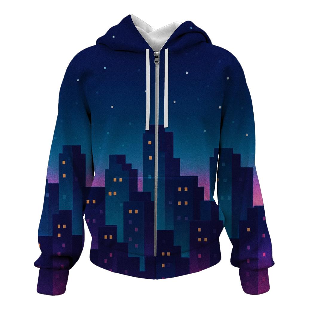 Pixel Skyline Glow zip-up hoodies