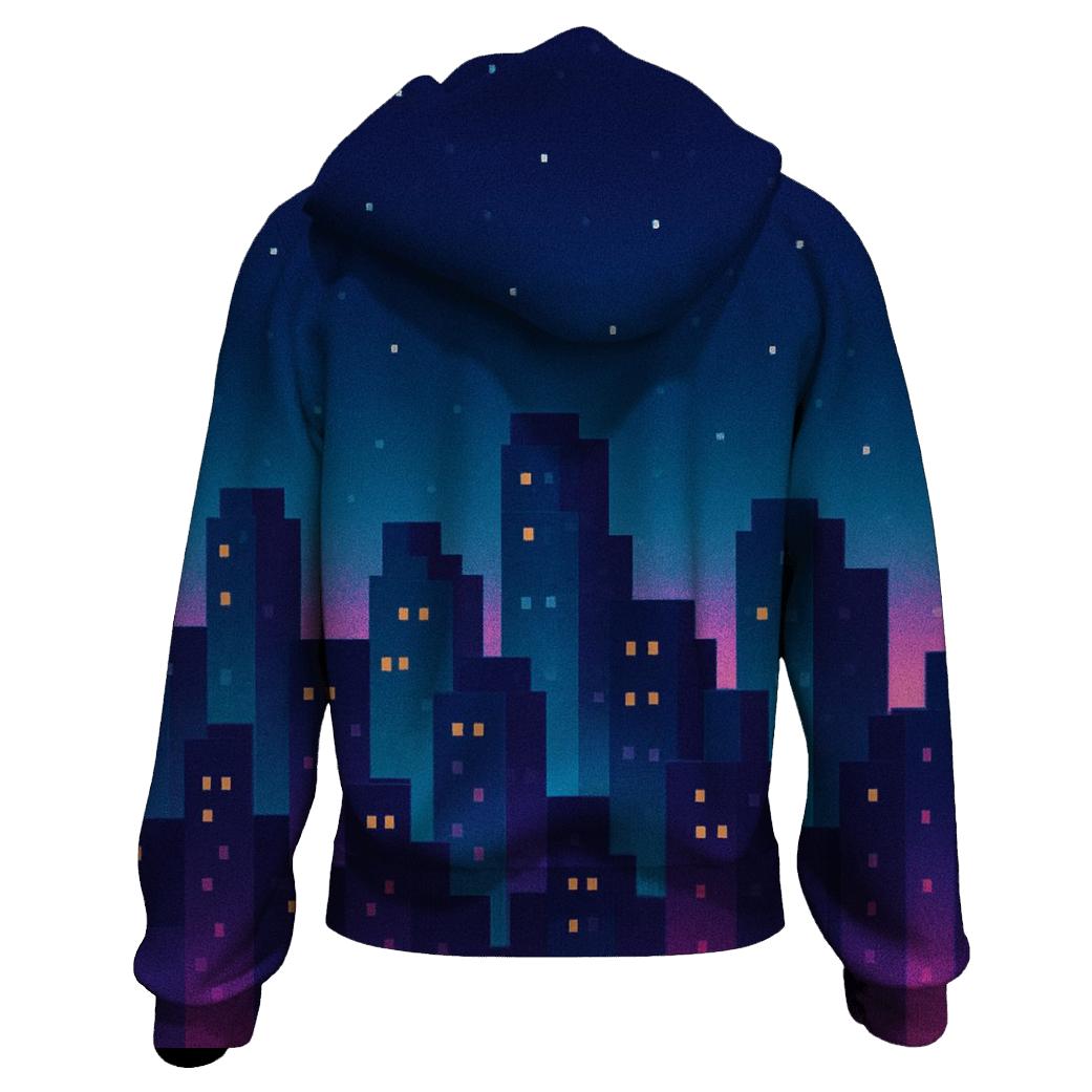 Pixel Skyline Glow zip-up hoodies