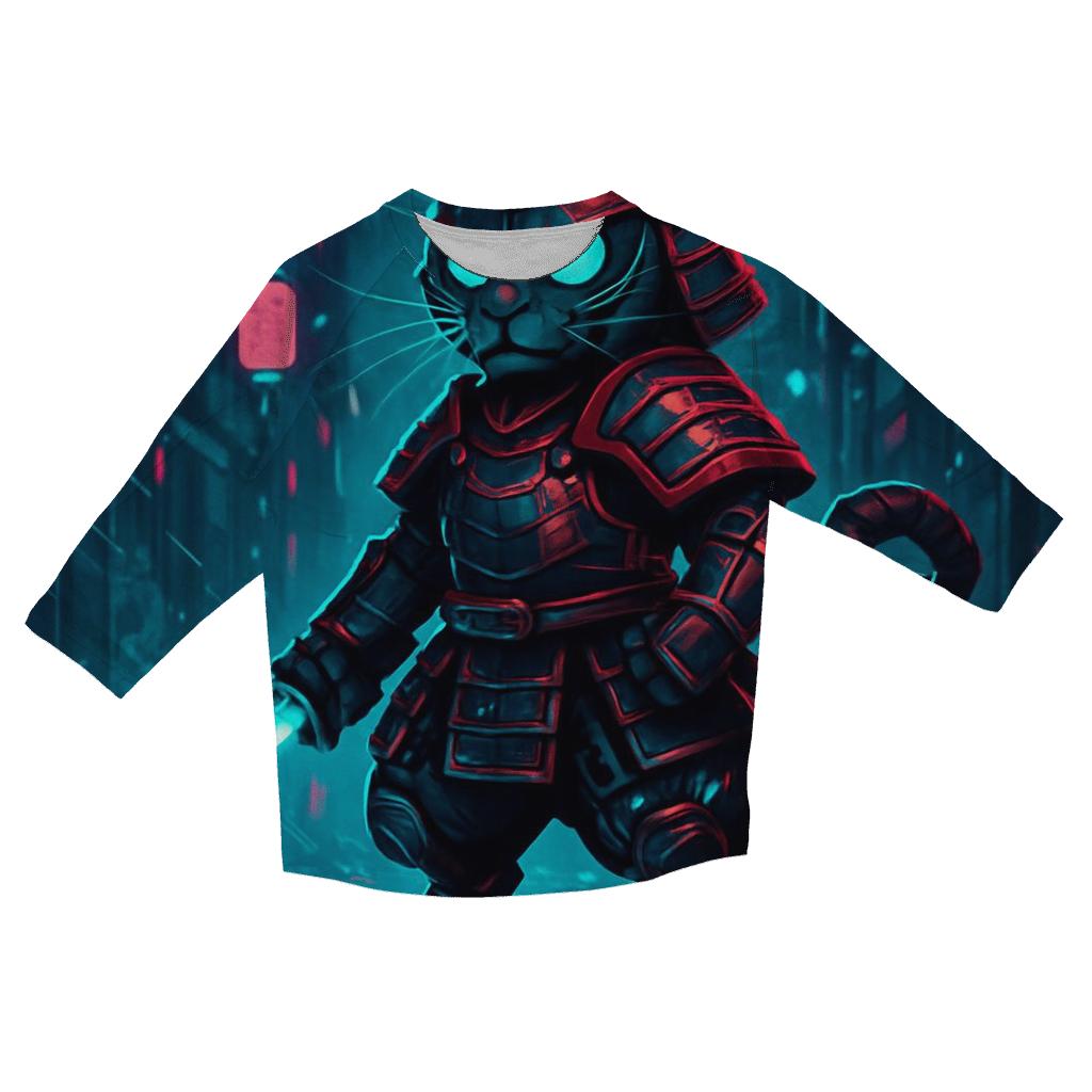 Neon Samurai Cat printed three quarter sleeve shirts