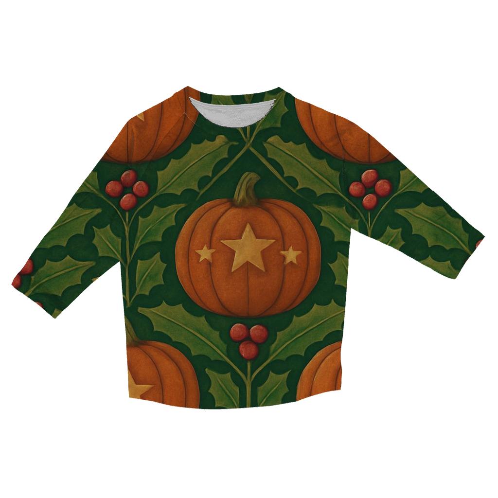 Holly Pumpkin Tessellation On Forest Green Background trendy 3/4 sleeve tops
