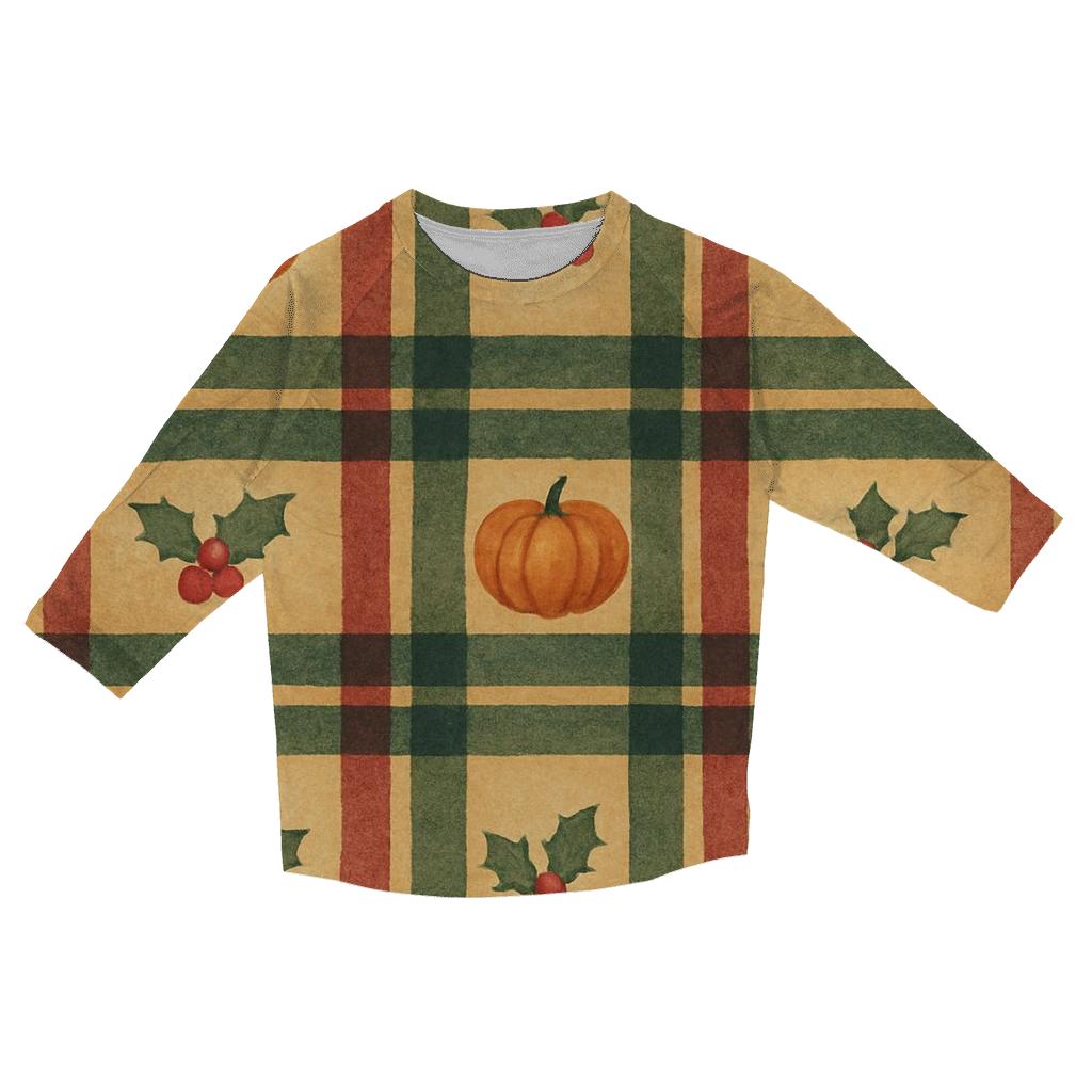 Plaid Pumpkin Rhythm On Frosted Gold Background custom 3/4 sleeve shirts