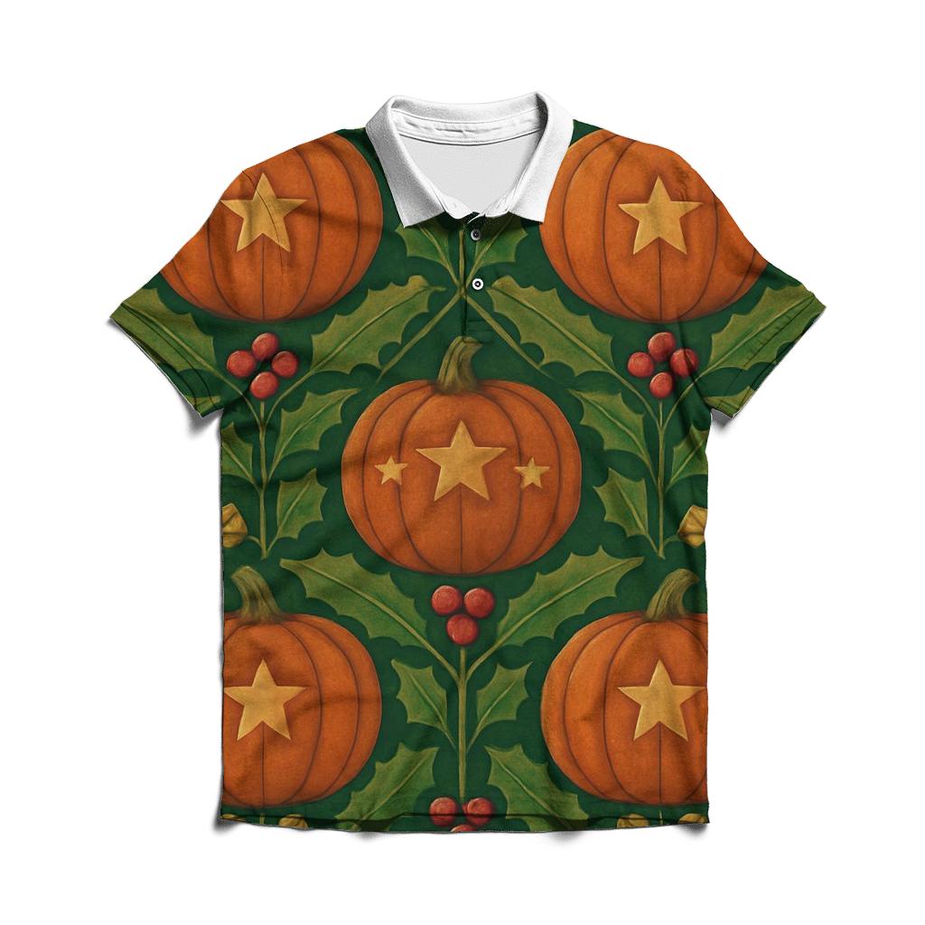 Holly Pumpkin Tessellation On Forest Green Background branded logo polo shirts