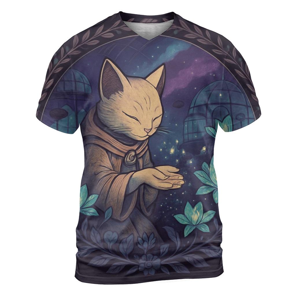 Galactic Gardener Cat vibrant all-over design tees