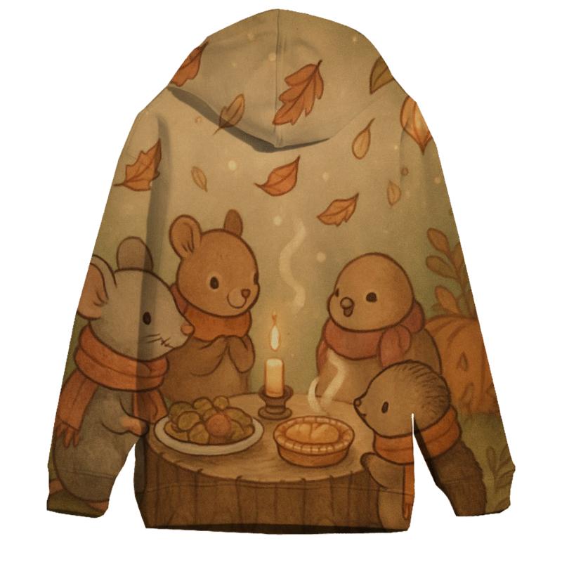 Woodland Friends Feast printed hoodies