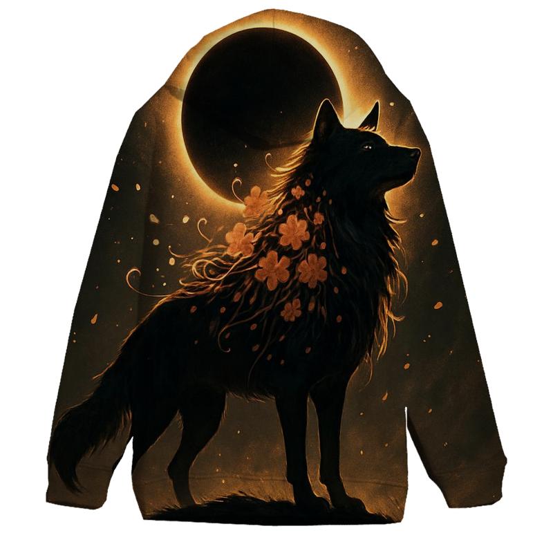 Floral Eclipse Wolf embroidered hoodies