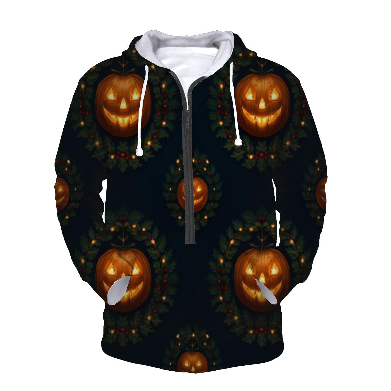 Radiant Wreath Pumpkin Medallions On Midnight Navy Background premium hoodies