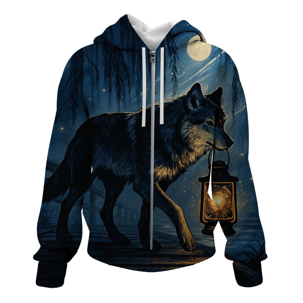 Moonlit Lantern Wolf embroidered hoodies