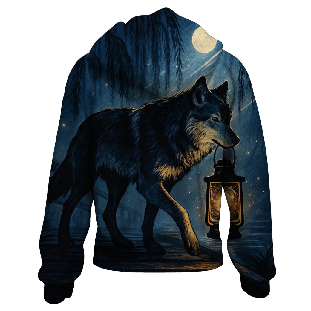 Moonlit Lantern Wolf embroidered hoodies