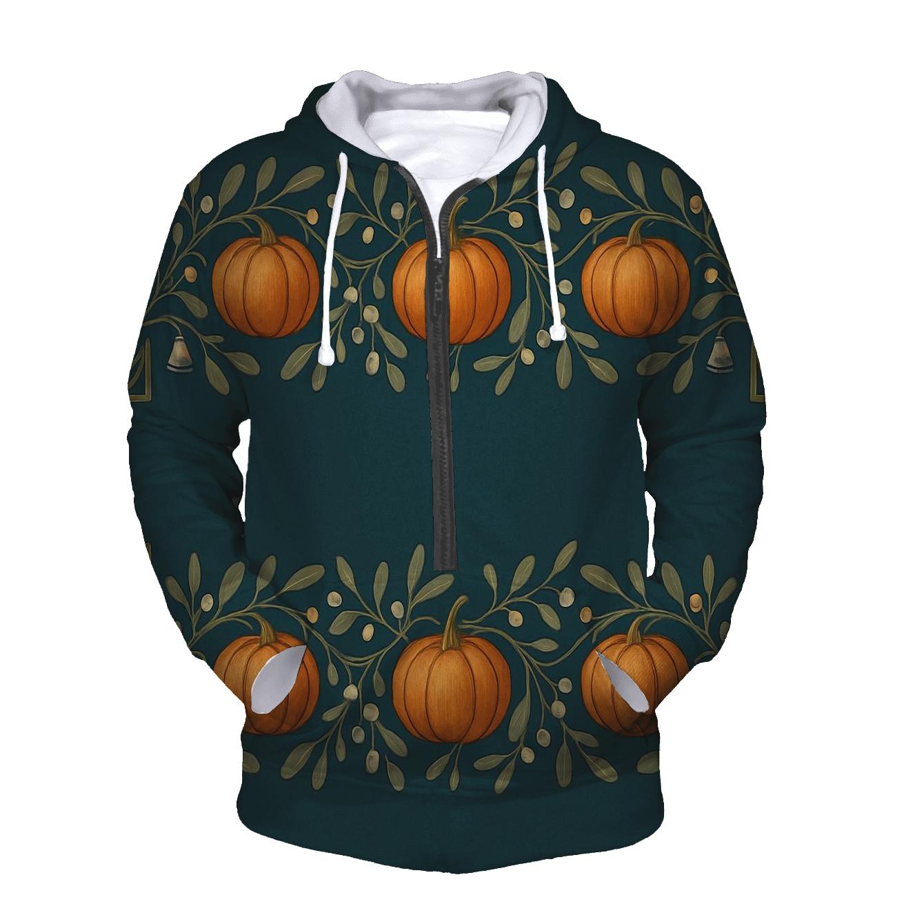Mistletoe Pumpkin Border On Deep Teal Background zip-up hoodies