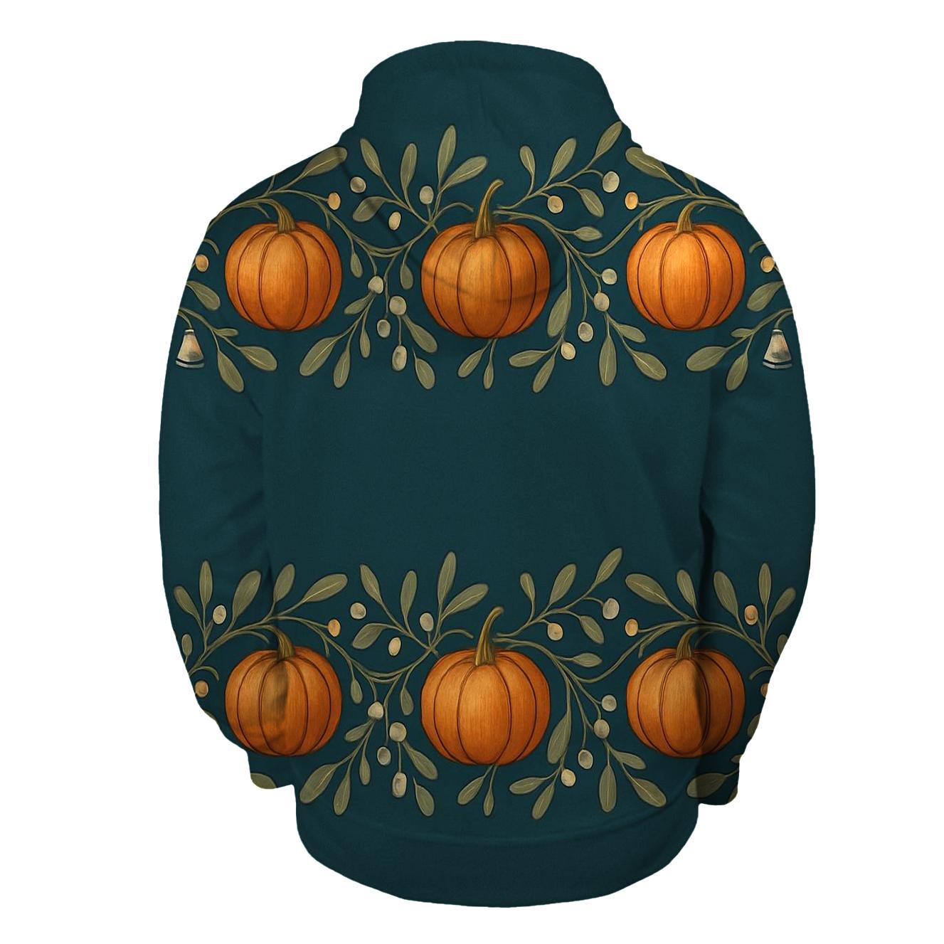 Mistletoe Pumpkin Border On Deep Teal Background zip-up hoodies
