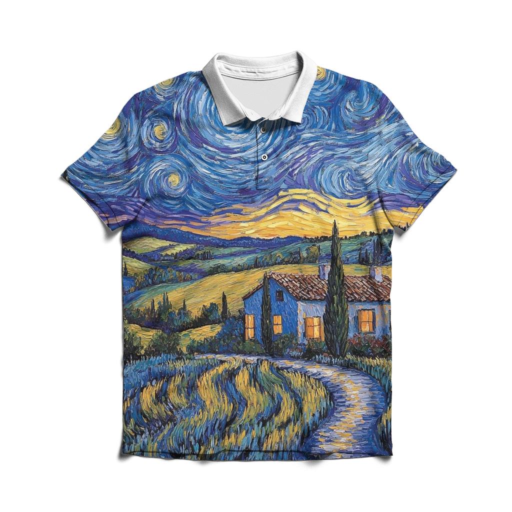 Van Gogh Inspired Starry Countryside custom polo shirts