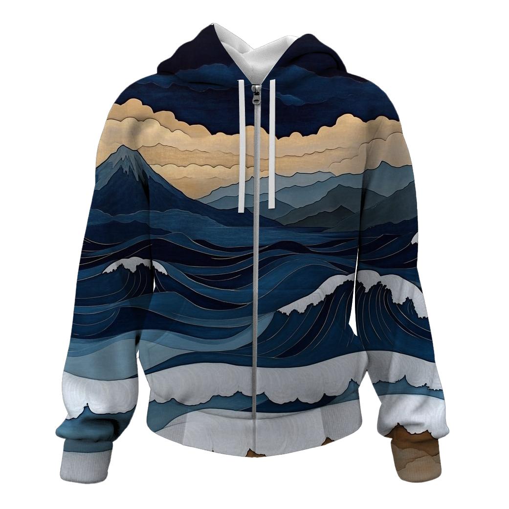 Hokusai Inspired Mountain Storm embroidered hoodies