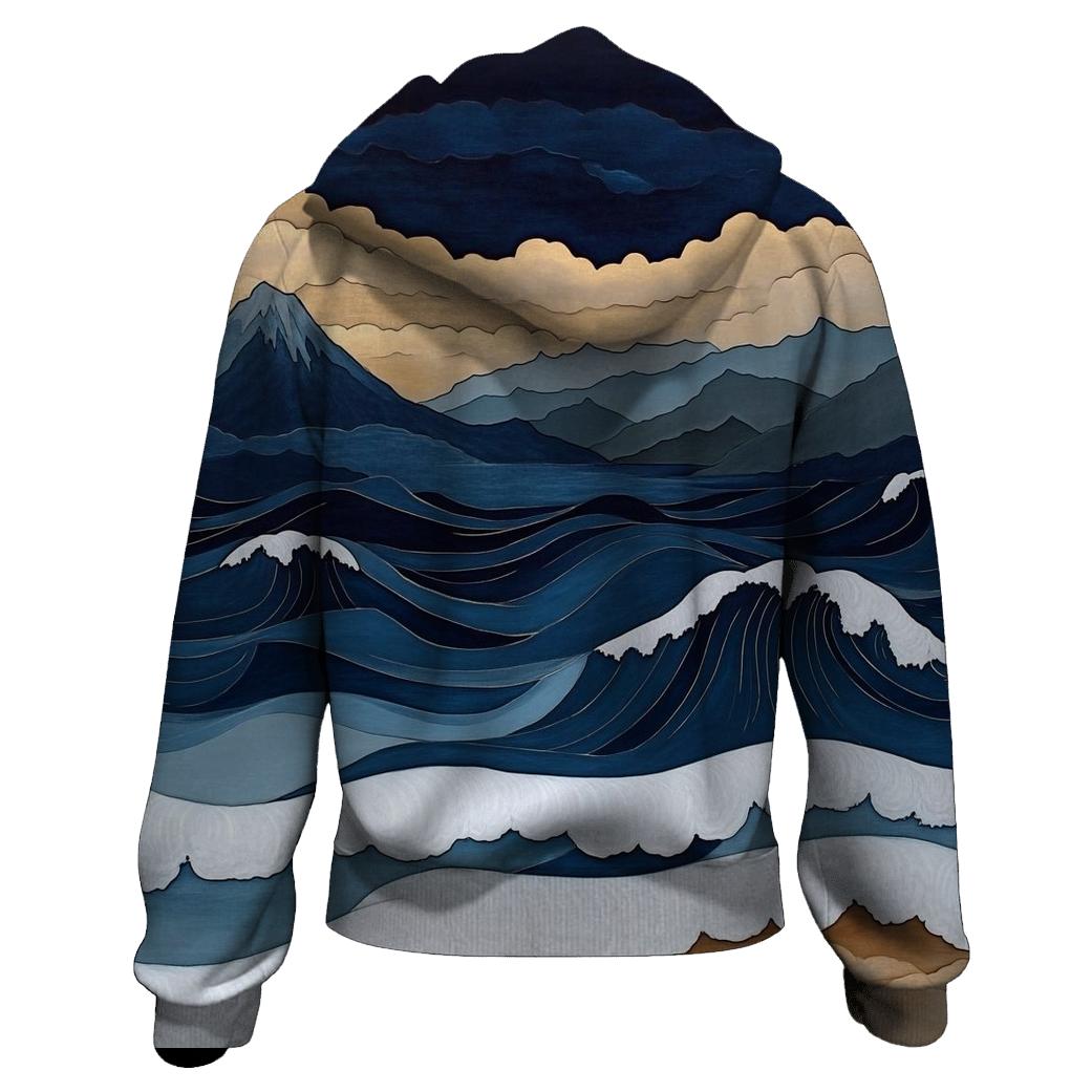 Hokusai Inspired Mountain Storm embroidered hoodies