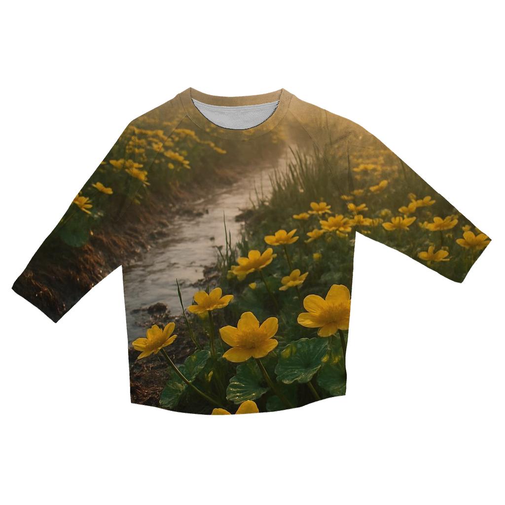 Wetland Marsh Marigold Sunrise printed three quarter sleeve shirts