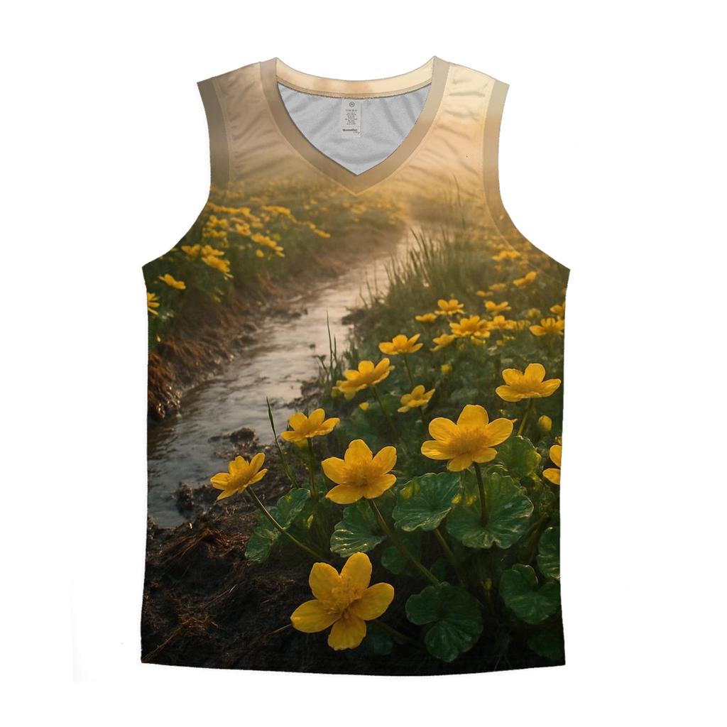 Wetland Marsh Marigold Sunrise graphic print tank tops