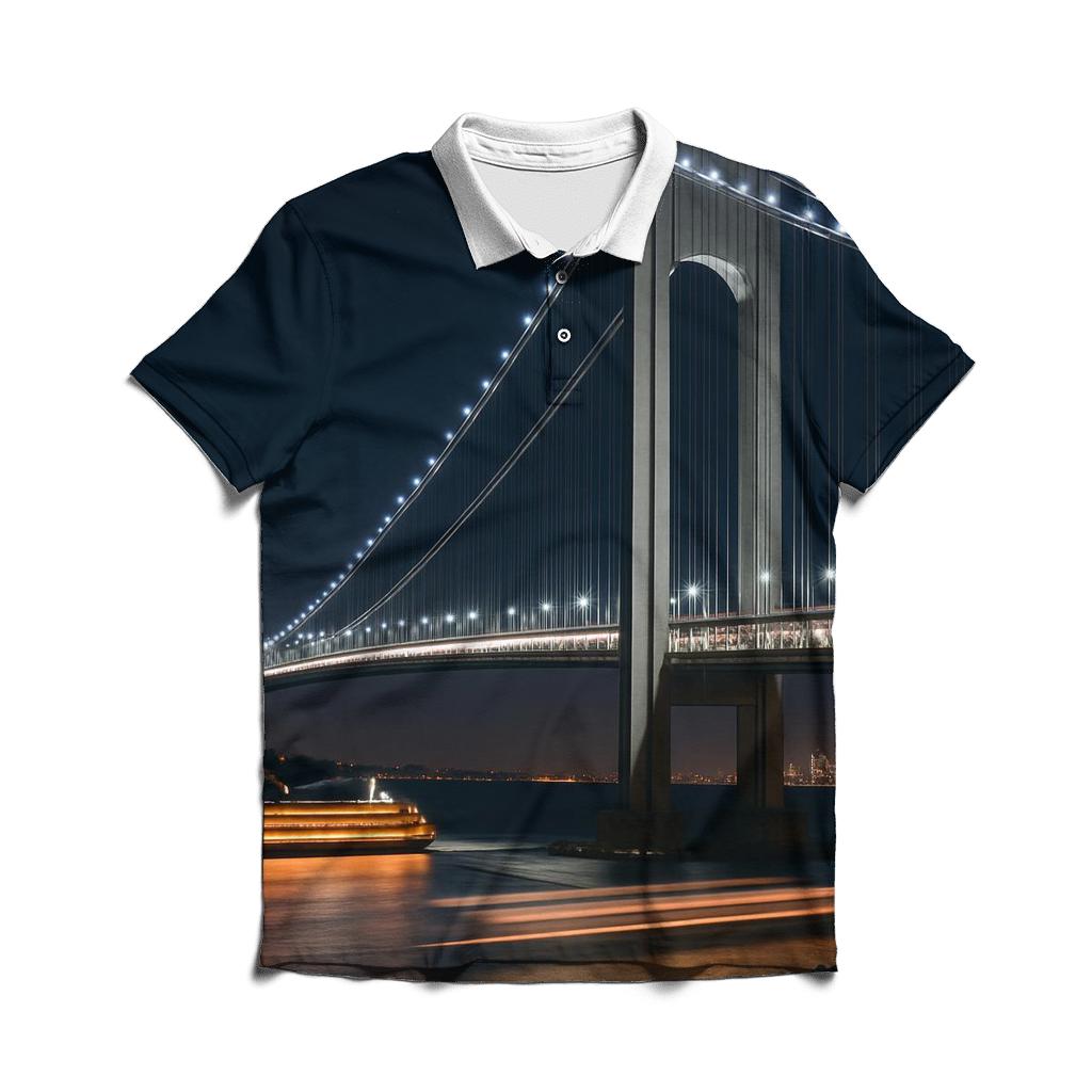 Night Time Bridge Link To Staten Island Ferry premium cotton polo shirts