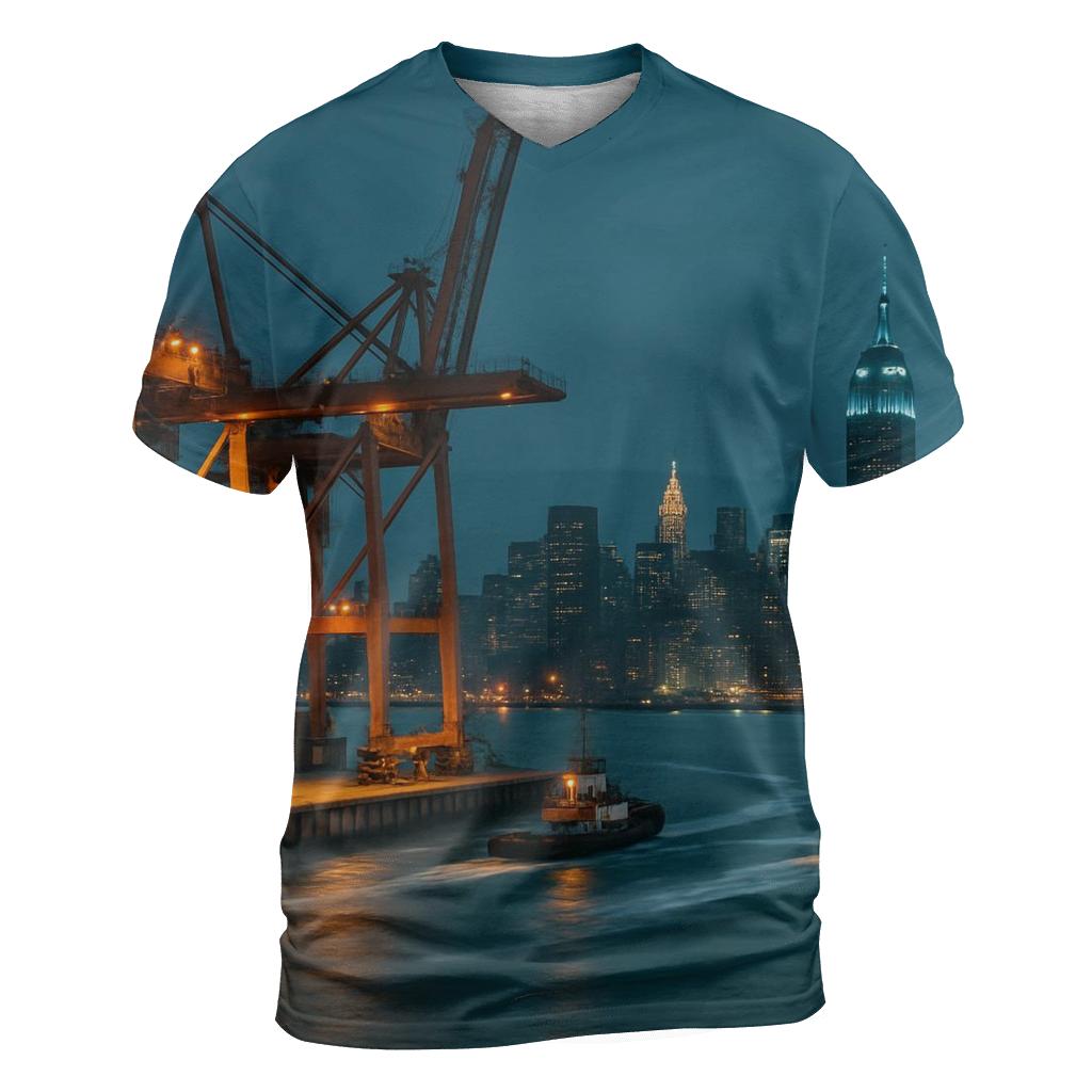 Harbor Cargo And Skyline At Blue Hour statement graphic shirts