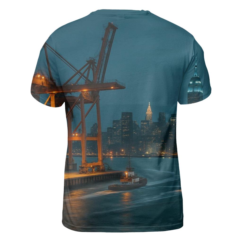 Harbor Cargo And Skyline At Blue Hour statement graphic shirts