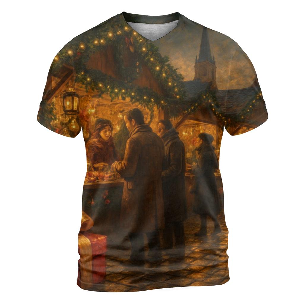 Market Night Merriment vibrant all-over design tees