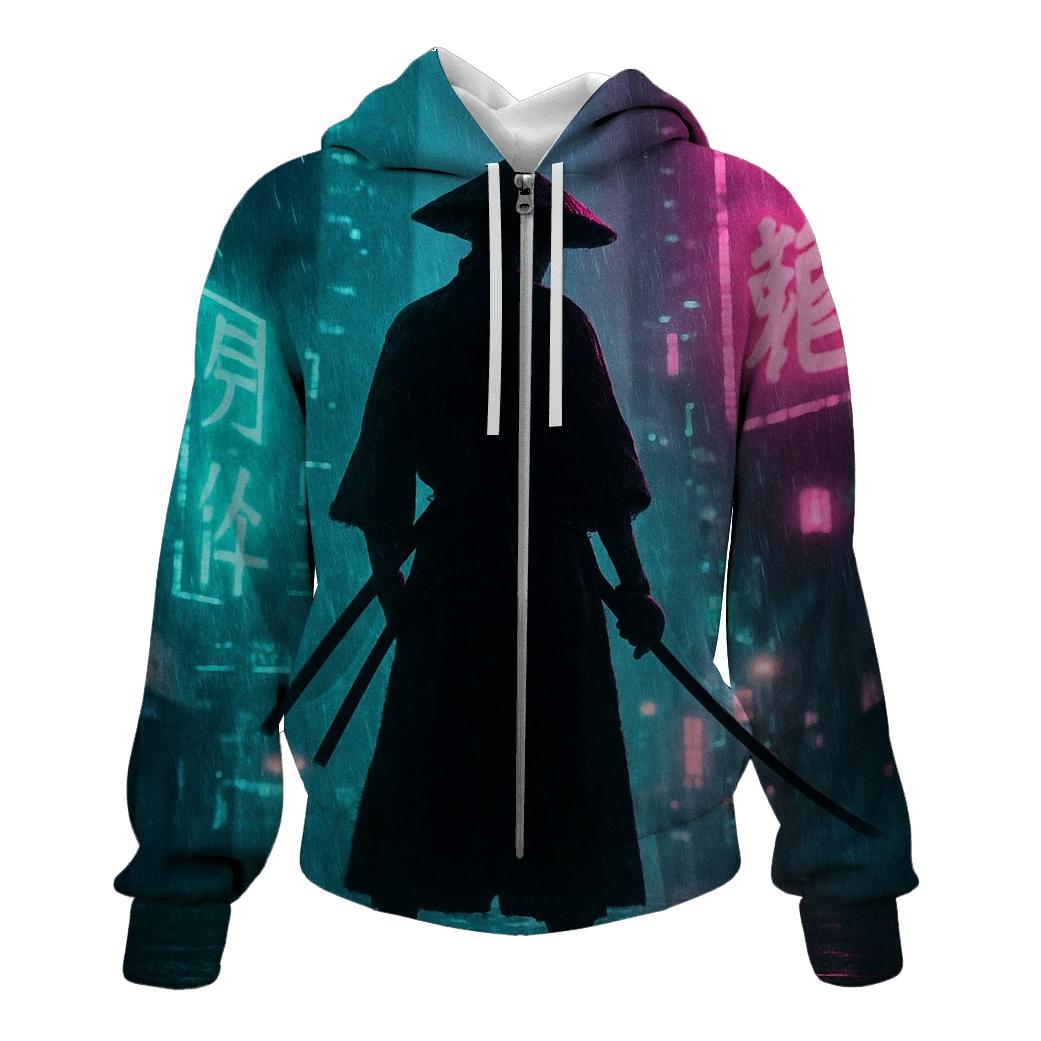 Neon Cyberpunk Samurai zip-up hoodies