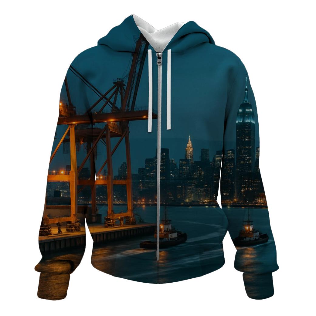 Harbor Cargo And Skyline At Blue Hour embroidered hoodies