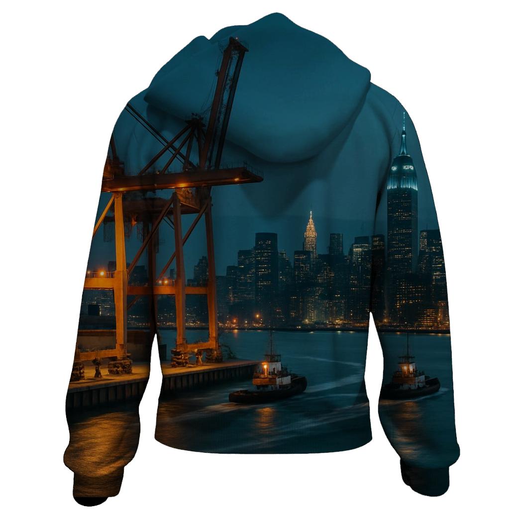 Harbor Cargo And Skyline At Blue Hour embroidered hoodies