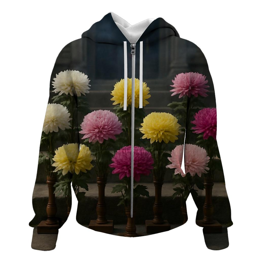 Temple Chrysanthemum Display zip-up hoodies